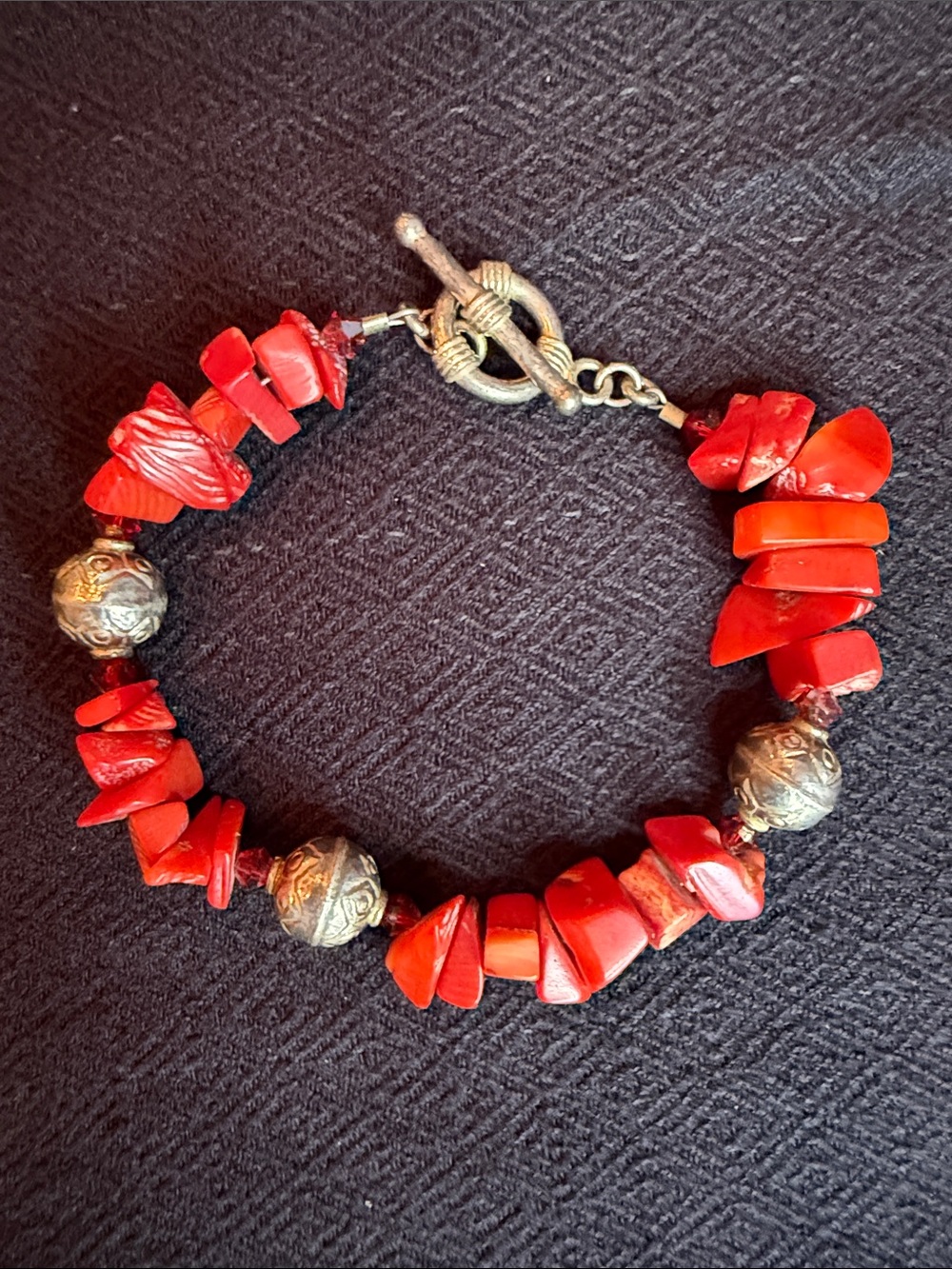 Red Coral Chip Bracelet with Ornate Silver Beads